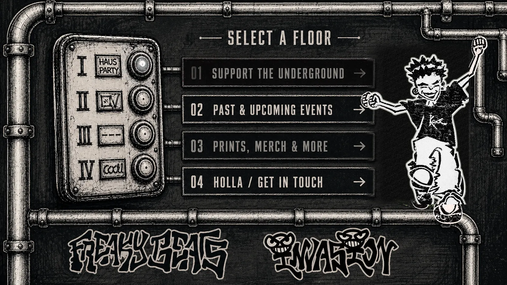 Freaky Beats Invasion Menu mit Panel, Support, Events, Merch und Contact